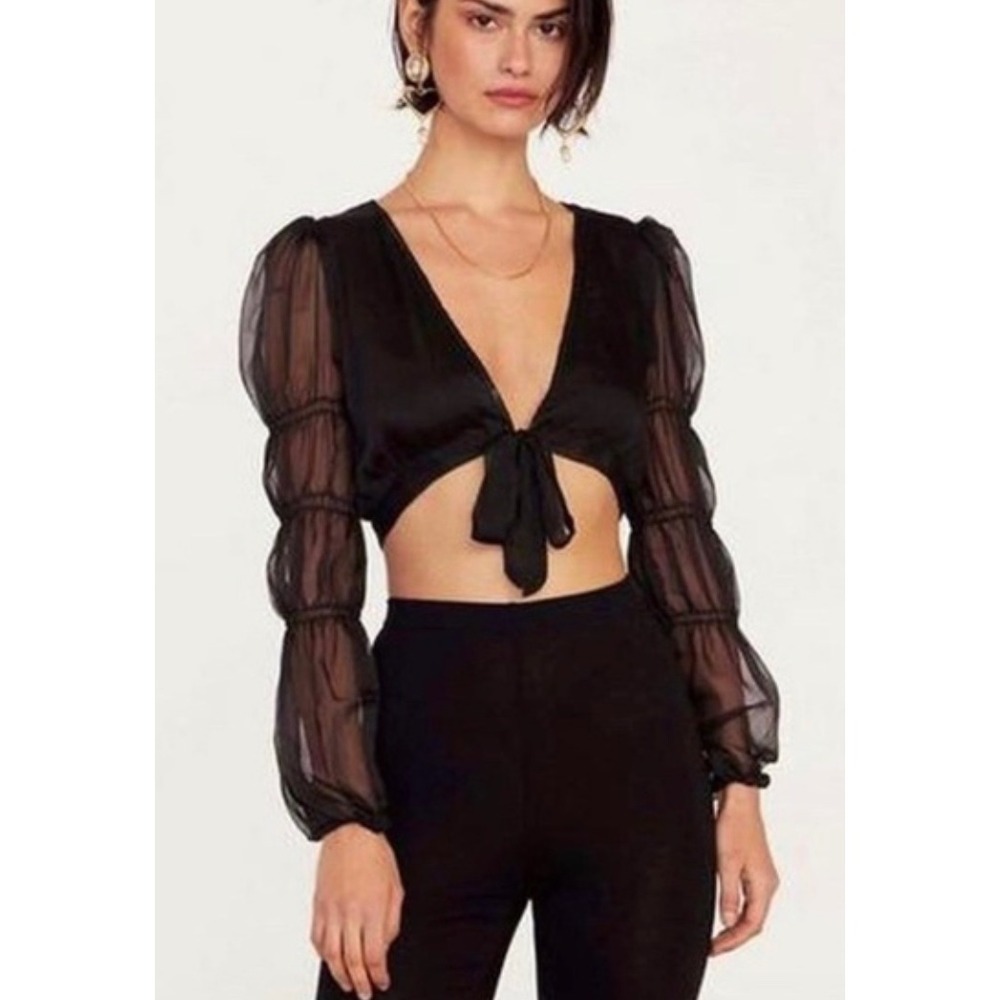 Nasty Gal Collection Black Sheer Tie Front Crop Top Puff Sleeve US 10 UK 14 - Picture 2 of 5